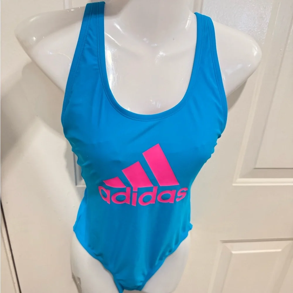 Adidas one piece logo cross back blue & pink swimsuit medium - Picture 2 of 9